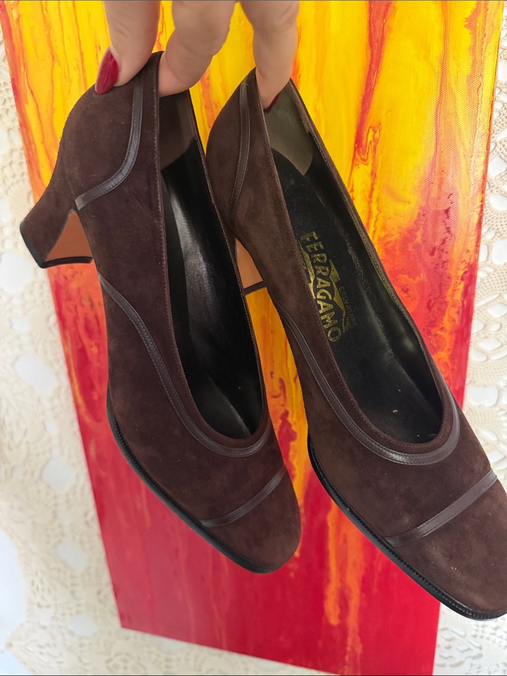 Salvatore Ferragamo Dark Brown Suede Block 3" Heel Pumps Shoes Sz. 8 Italy EUC - Picture 12 of 15